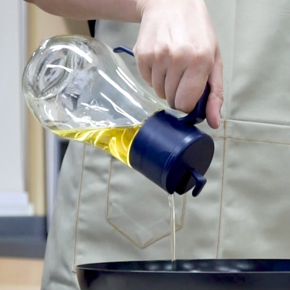 自動開合防塵 防漏玻璃油壺/醋瓶 550ML 午夜藍