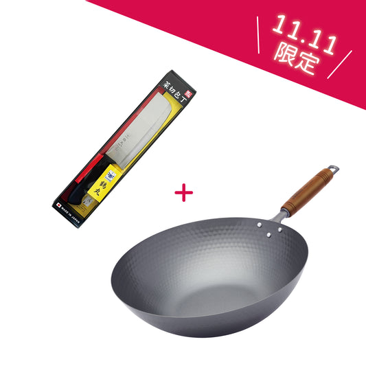 Summit 燕鉄器 頂級窒化鐵鍋 槌目北京鍋 30cm + 蜻蜓牌 日式菜刀 175mm 日本製