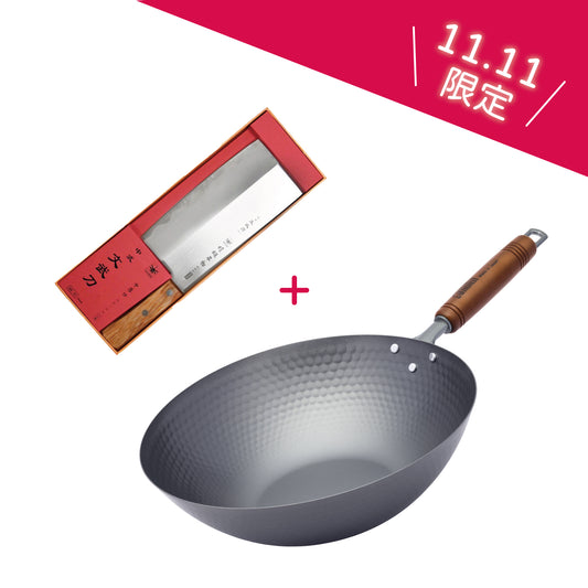 Summit 燕鉄器 頂級窒化鐵鍋 槌目北京鍋 33cm + 蜻蜓牌 中式文武菜刀 (厚3mm) 日本製