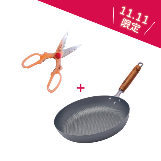Summit 燕鉄器 頂級窒化鐵鍋 格仔錘紋煎鍋 26cm + 蜻蜓牌 多功能廚房剪刀 210mm 日本製